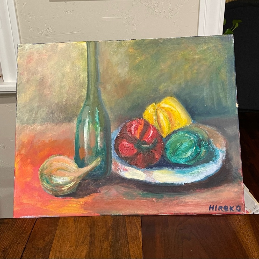 Vintage Original Vegetable and Wine Bottle Still Life Painting signed Hiroko